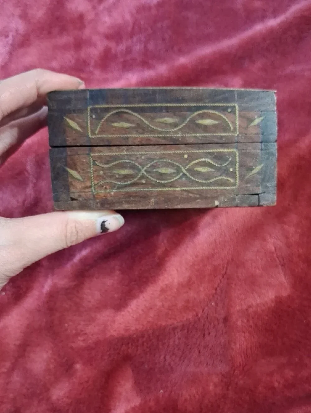 Vintage Hand-Carved Wooden Jewelry Box in Brown with Gold Trim And Brass Inlays